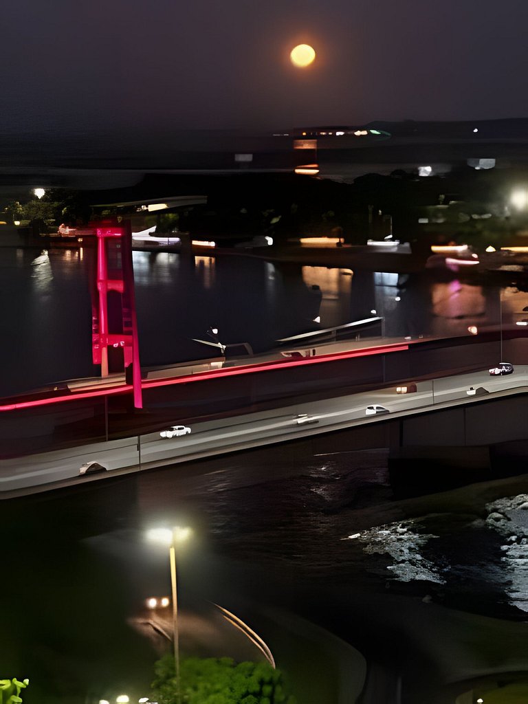 Elegante vista al Puente Colgante y Río.
